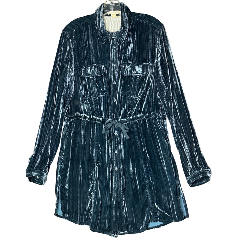 Crushed Velvet Teal Shirt Dress Tunic Drawstring Waist Boho Artsy Lagenlook